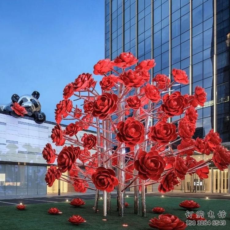 現代玫瑰花雕塑廠家 大型別墅區擺件 烤漆不銹鋼玫瑰花雕塑廠