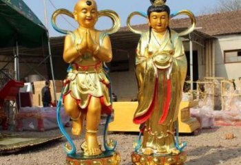 中式金童玉女雕塑廠家 烤漆小品 鍍金金童玉女雕塑