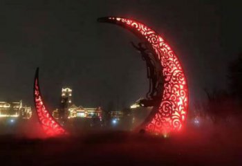 公園月亮雕塑效果圖，噴砂發光雕塑，鍛造工藝制作