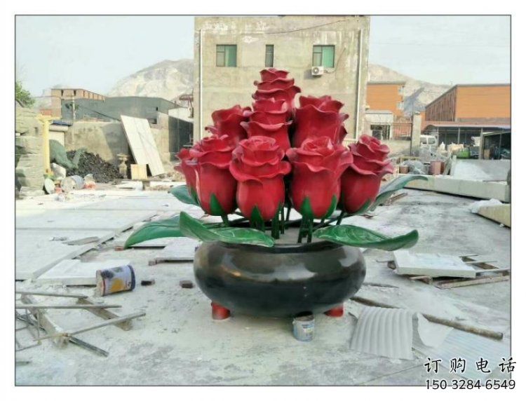 玫瑰花雕塑定做廠家，村標(biāo)概念，廣場(chǎng)不銹鋼玫瑰花雕塑