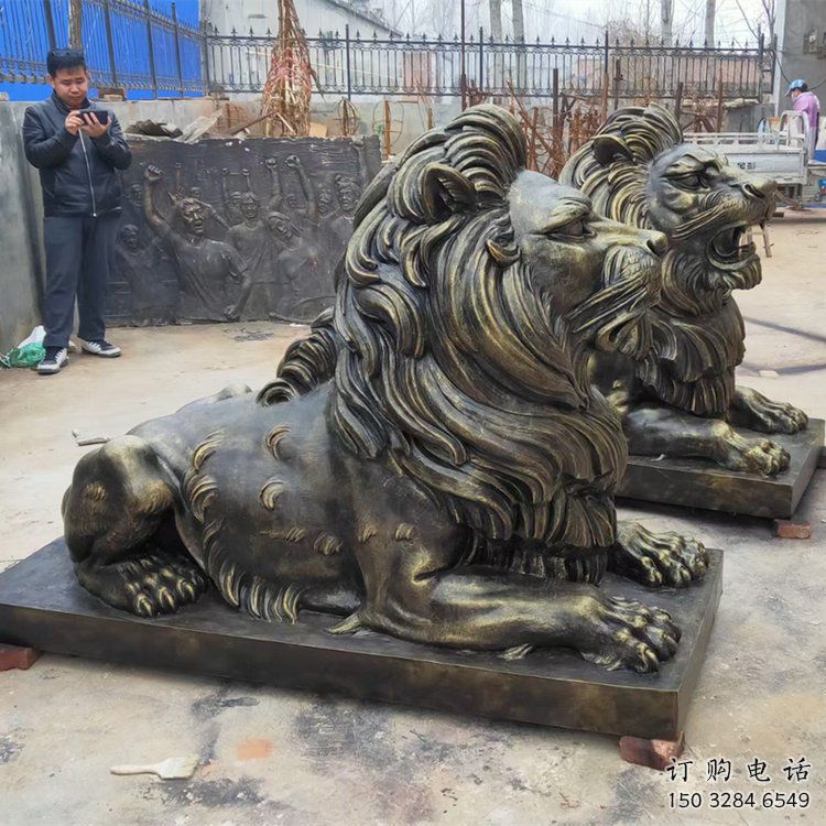 臨夏大型趴獅雕塑，仿銅動物雕塑，玻璃鋼獅子雕塑制作
