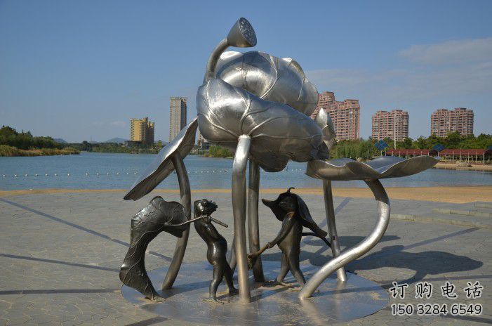 建鄴蓮蓬嬉戲雕塑，城市植物景觀雕塑，不銹鋼鏡面效果