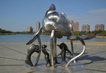 古交蓮蓬嬉戲雕塑，城市植物景觀雕塑，不銹鋼鏡面效果